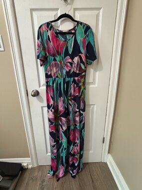 Floral Navy Maxi Dress with Pink & Teal Print